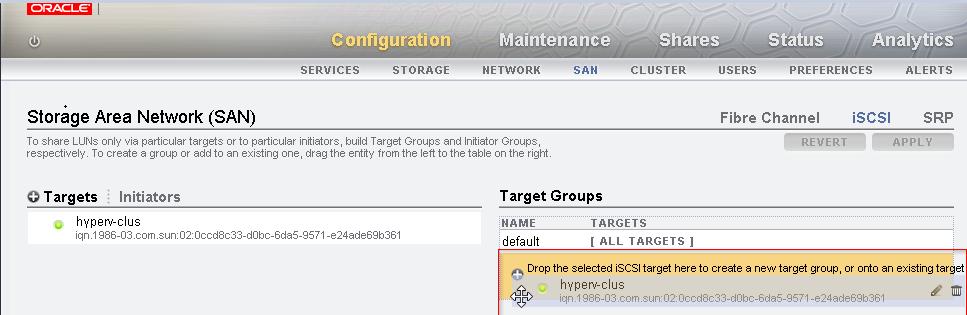 The Move icon appears to the left of the entry as shown in the figure. Figure 11. Oracle ZFS Storage Appliance BUI - selecting the iscsi target entry 5.