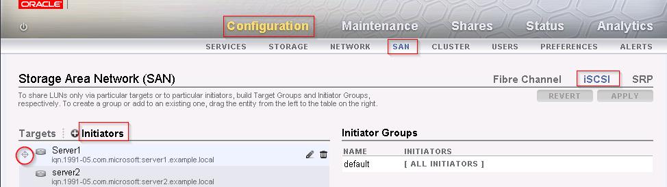 Registering a new iscsi initiator To add the Hyper-V host iscsi initiators to an initiator group in the Oracle ZFS Storage Appliance BUI, complete these steps: 1.
