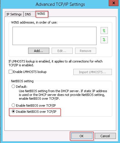 Figure 33. Microsoft Windows Server 2012 R2 - disabling NetBIOS over TCP/IP Turn off Power Management on the iscsi network card.