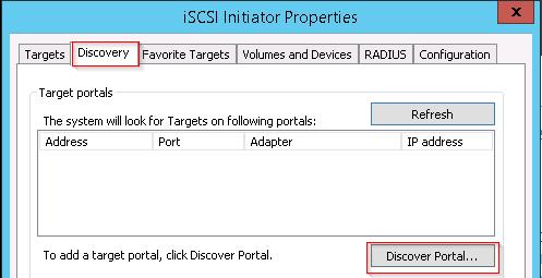 2. In the iscsi Initiator Properties dialog window, select the Discovery tab and then click Discover Portal. Figure 45.