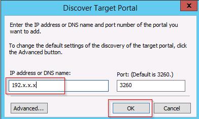 On the Discover Target Portal page, in the IP address or DNS name field, enter the IP address of the ZFS Storage iscsi target defined earlier.
