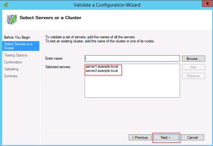 Figure 61. Microsoft Windows Server 2012 R2 displaying selected cluster servers for validation 6. On the Testing Options screen, select Run all tests (recommended) and click Next. 7.