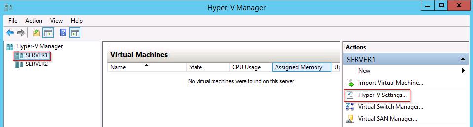 Figure 68. Editing Hyper-V settings for each host in Hyper-V Manager 3.