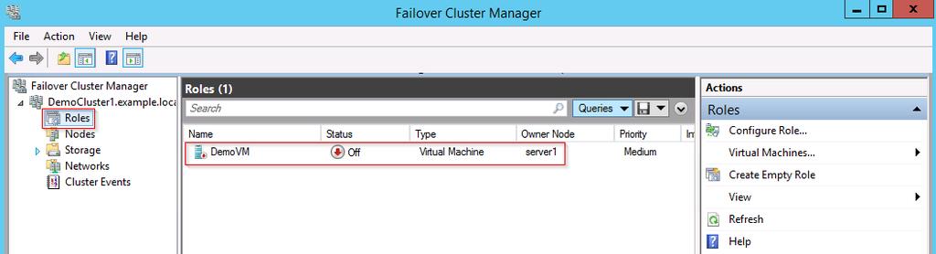 The new virtual machine will display in the Failover Cluster Manager window under the middle pane labeled Roles, as highlighted in the following figure.