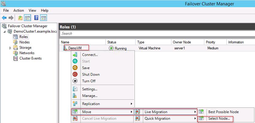 Hyper-V Cluster offers two types of failover scenarios: Live Migration This option can move virtual machine(s) among cluster nodes while in a Running state.