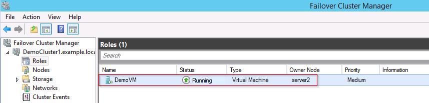the virtual machine now owned by the second node (server2), and back to a Running