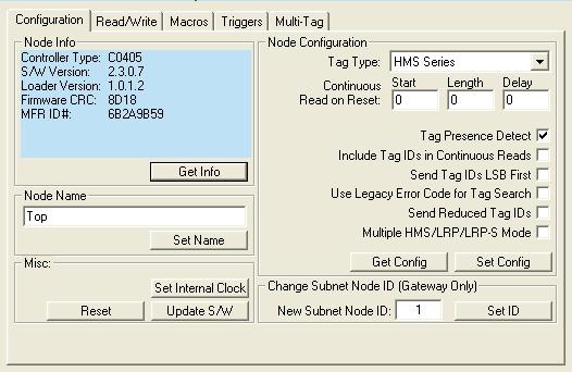 This area contains five different tabs labeled: Configuration, Read/Write, Macros, Triggers and Multi-Tag. Figure 4-1: Controller Device Tabs Window 4.