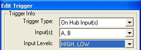Any combination of the four inputs A, B, C or D, from one to all four, can be defined. The second parameter for the On Hub Input(s) trigger type is the Input Levels.