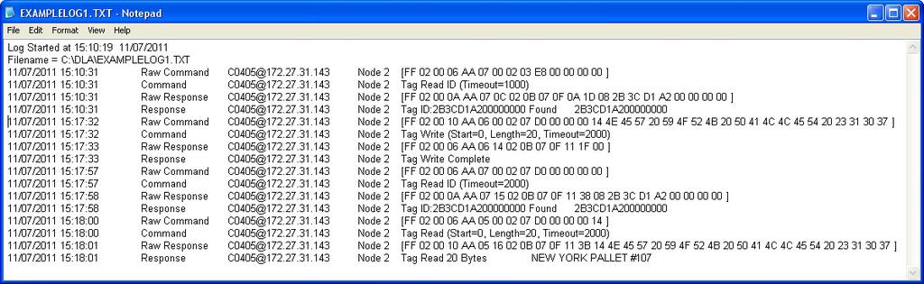 5 COBALT DASHBOARD REFERENCE MANUAL Log File Example The example log file below displays the command and response data for a Tag Write Data command followed by a Tag Read Data command.