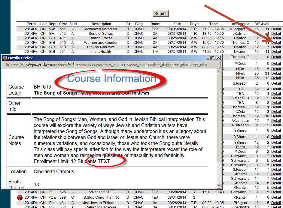 The Course details function can also list other information about a course including