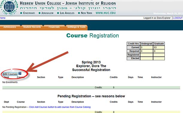 Once you click on the catalog year the screen below will appear. Click on the Add Courses button to register for classes. Below is the dialogue window that you will get when you make this selection.
