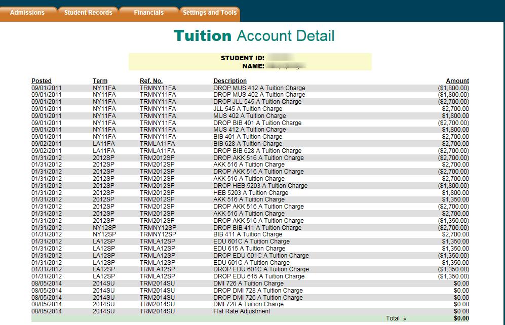 There is also the option to view your total tuition account detail by clicking on Financials Student Billing