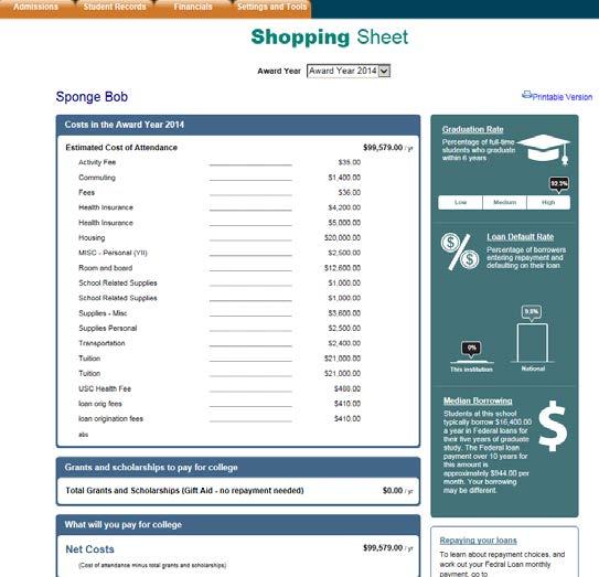 25. Financial aid shopping sheet This page allows you to get a realistic look at the cost of your college education for the