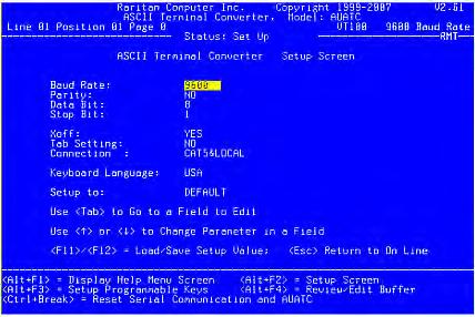 Appendix C: Connecting Serial Devices to a Paragon II System Configuring AUATC Press Alt + F2 to activate the Setup Screen, where you can select your desired serial-communication parameters (such as