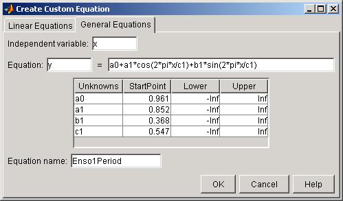 Parametric Fitting Custom Equation GUI. This pane is shown below for the equation given by y 1 (x). Assume one 12 month cycle.