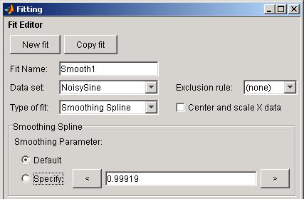 3 Fitting Data As shown below, you can fit the data with a smoothing spline by selecting Smoothing Spline in the Type of fit list. The default smoothing parameter is based on the data set you fit.
