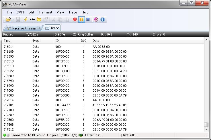 4.1.2 Trace Tab Figure 10: Trace Tab On the Trace tab the data tracer of PCAN-View is used for logging the communication on a CAN bus.