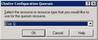 9. In the Cluster Configuration Quorum dialog box, specify the iscsi disk associated with the PS Series volume you configured for the quorum resource. Then, click OK.