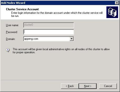 5. In the Cluster Service Account dialog box, enter the password for the cluster service account that you