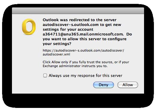 6. When prompted if you want to allow the server "autodiscover-s.outlook.com" to configure your account, Check Always use my response for this server Click "Allow" 7.