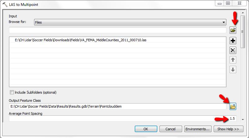 Input: LAS File(s) ii. Output Feature Class: Terrain feature dataset > Name Pointclouddem iii.