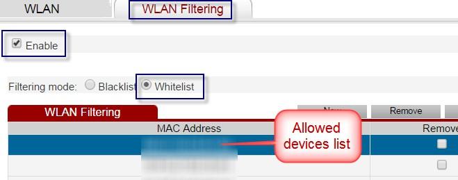 Check if the device in question has it's MAC address allowed:- D-Link DSL routers(icluding some DSL-3780s) To display the "Whitelist" for a D-Link, log into the router & click on the "Advanced"
