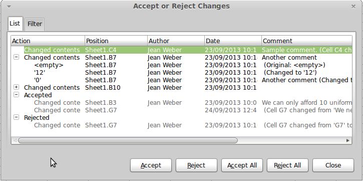 Figure 12: Accept or Reject changes dialog The Comment column by default contains an explanation of the change that was made.