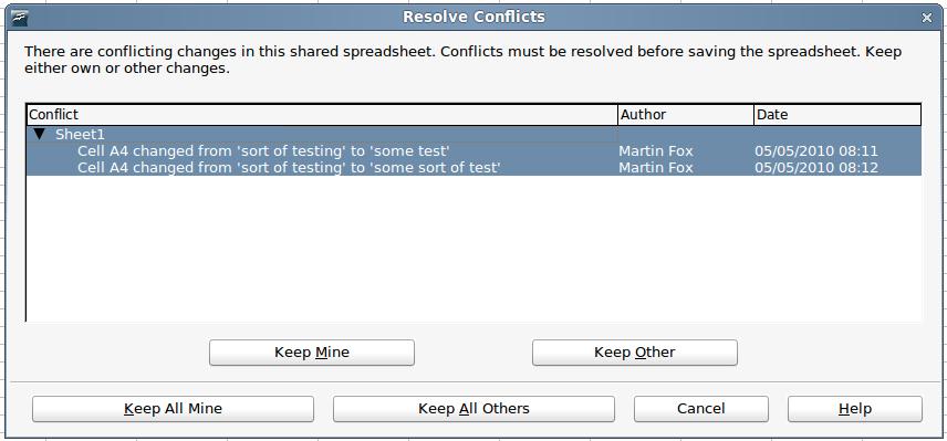 Figure 3: Resolve Conflicts dialog If another user is trying to save the shared document and resolve conflicts, you see a message that the shared spreadsheet file is locked due to a merge-in in