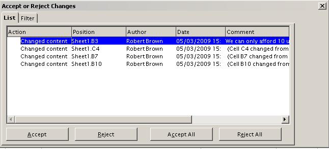 Figure 12: Accept or Reject changes dialog On the Filter tab of this dialog (not shown here), you can choose how to filter the list of changes: by date, author, cell range, or comments containing