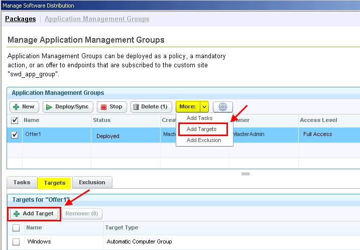Figure 38. Adding targets from the Manage Application Management Groups dashboard The Add Targets dialog opens. 3. You can select targets either from a Computer Group or from an Active Directory Group.