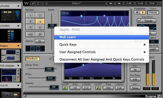 4.2 Assigning Plugin Parameters to a MIDI Controller You can assign StudioRack plugin parameters to MIDI controllers. This enables all Waves plugins to be mapped with MIDI Learn.