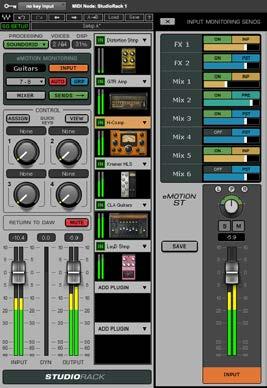The emotion ST mixer has two mix layers: a Mixer layer that combines the DAW mix output and other outside sources, and the StudioRack layer, which can include up to 64 StudioRack channels in four