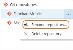 Rename a Git repository in your team project 10/21/2017 2 min to read Edit Online VSTS TFS 2018 TFS 2017 VS 2017 VS 2015 You can rename a Git repository in a team project from your web browser.