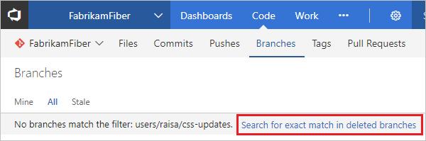 Restore a deleted Git branch from the web portal 11/3/2017 1 min to read Edit Online VSTS TFS 2018 IMPORTANT This topic covers restoring a deleted Git branch via the web in VSTS and TFS 2018.