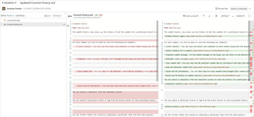 Diff to parent - Click on Diff on parent1 in the Source Explorer pane to view the difference between the current commit and its parent