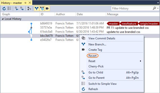 Select Actions and choose View History from the drop-down. In the history window that appears, right-click the commit to undo and select Revert from the context menu.