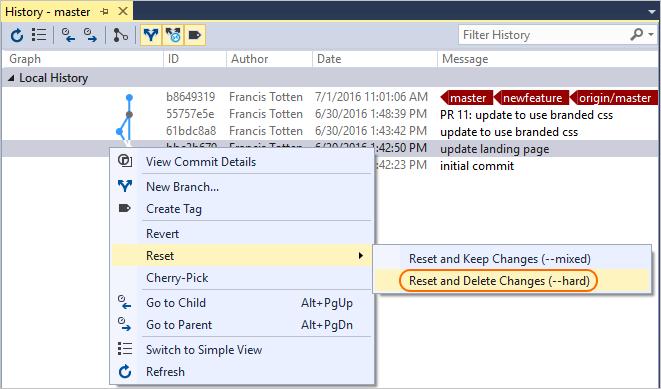 WARNING Don't use reset on branches shared with others. Use revert instead. Visual Studio Command Line 1. Open up the Changes view in Team Explorer. 2.