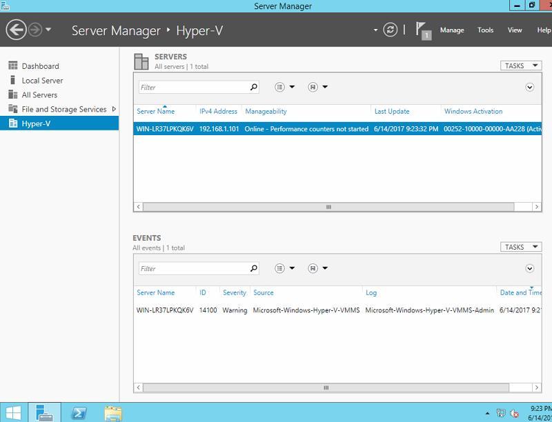 15) Open the Server Manager and verify that the Hyper-V installation is successful and