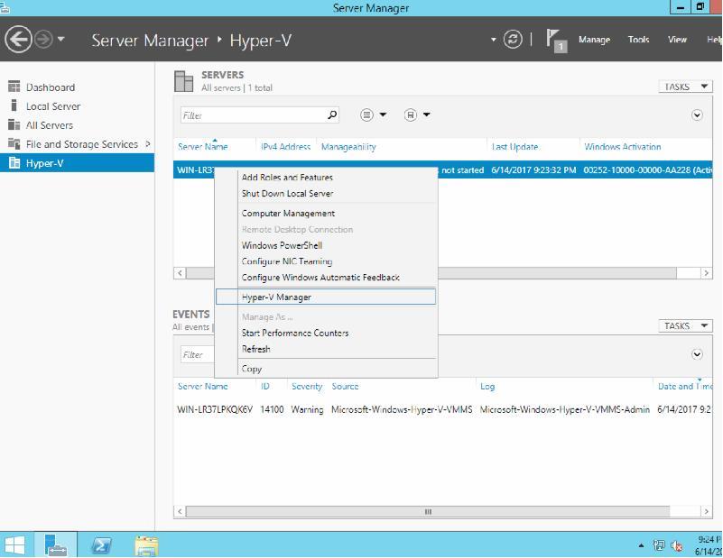 16) Right click on the server name and select Hyper-V Manager to open the hyper-v manager.
