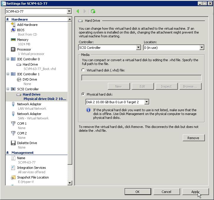 In this example, we will add a Physical hard disk as a SCSI Hard Drive to the virtual machine. Click on the Physical hard disk: radio button. Choose the disk to be used and click on Apply.