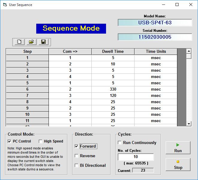 3.2 Sequence Mode USB-SP4T-63 supports a Sequence Mode which allows the user to program a timed sequence of switch states.