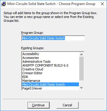 This window allows you to select the program group under which the link for the switch controller program in the Start Menu will be created.