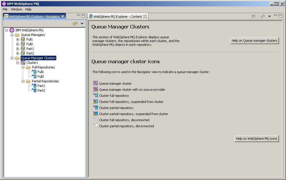 Figure 8-1 The Queue Manager Clusters folder in the WebSphere MQ Explorer If multiple full respository queue managers that host a full repository for the same cluster are connected to the WebSphere