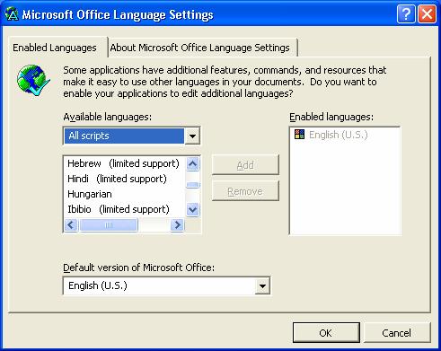 Go to Start / Programs / Microsoft Office Tools / Microsoft Office XP Language
