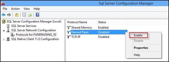 Right click and Enable Named Pipes and TCP/IP Stopping and restarting the SQL Server Service will be required for changes to take effect Select SQL