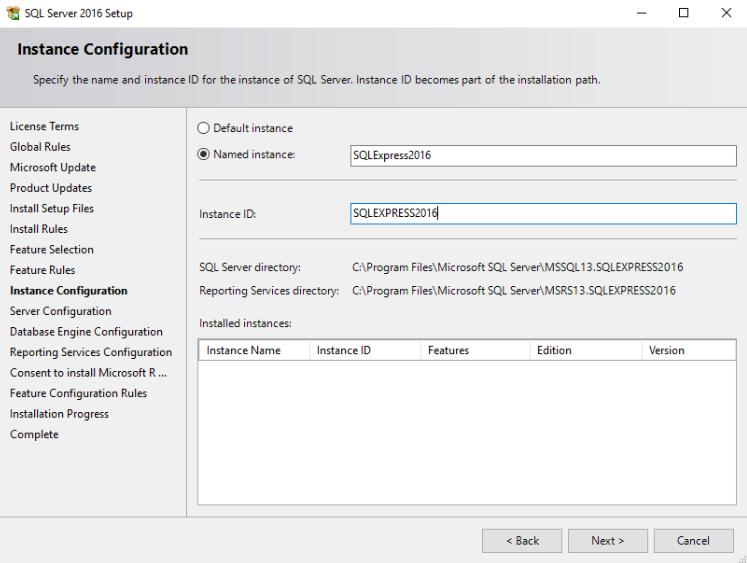 The Instance Configuration dialog enables you to name the SQL instance and\or install SQL on another drive, if available. There can be only one default (unnamed) instance of SQL on a computer.