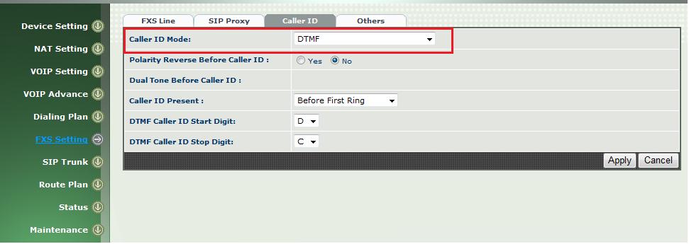Go to FXS Setting Caller ID Caller ID Mode to select one of Caller ID Mode ( DTMF, FSK Bellcore, FSK ETSI, See Figure 18 ).