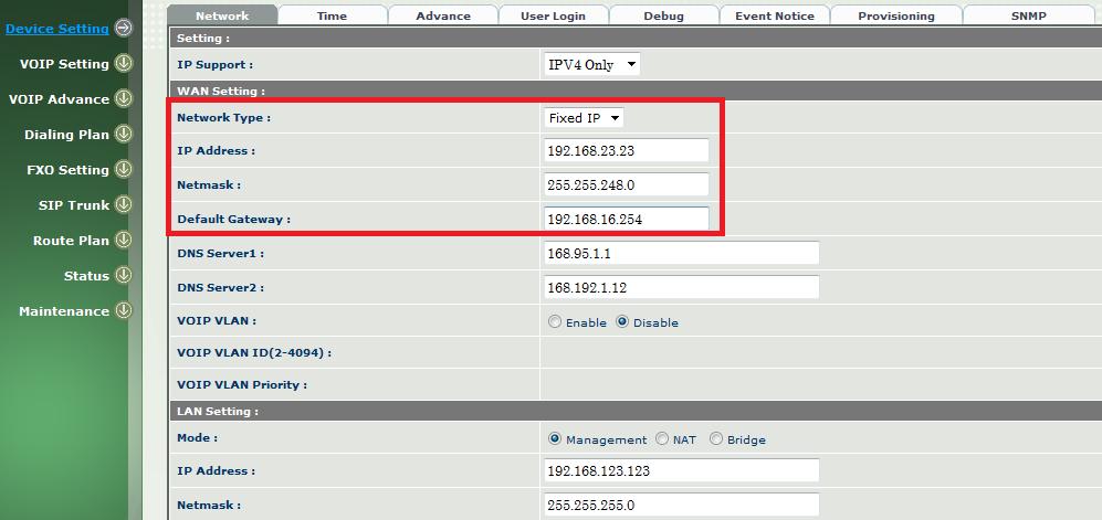 3. WellGate 2540 (FXO Gateway) configuration Step 1: set static IP address to WellGate 2540 FXO gateway s WAN port as following picture. See Figure 8. For example: Set static IP address 192.168.23.