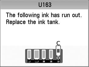 An error message may be displayed on the LCD during printing. Ink has run out. See The following ink has run out. Replace the ink tank.