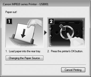 If an Error Occurs When the Machine Is Connected to a Computer When an error occurs in printing such as the machine is out of paper or paper is jammed, a troubleshooting message